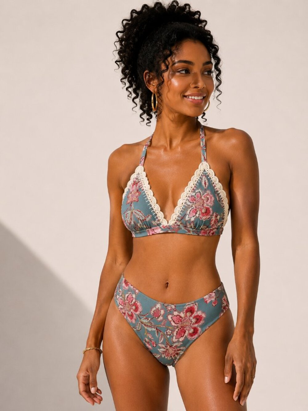 CUPSHE Alegria Floral Crochet Bikini Set Ruched Bottoms L NWT